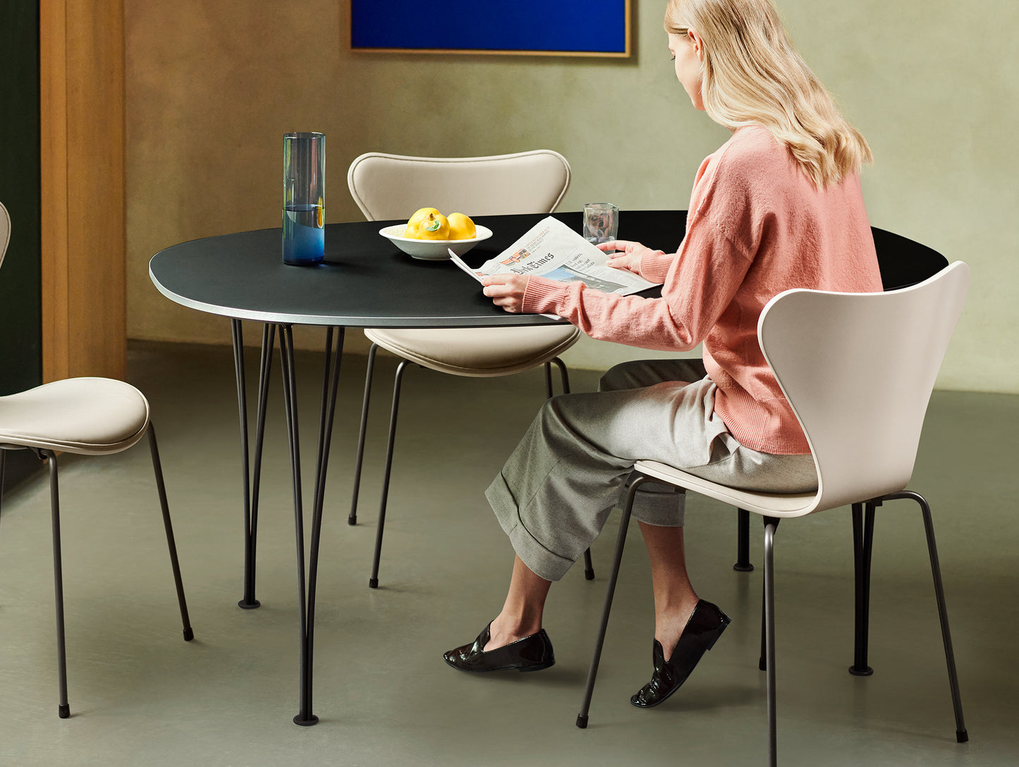Series 7™ 3107 Dining Chair (Front Upholstered) by Fritz Hansen - Warm Graphite Steel / Front: Essential Light Grey Leather / Back: Light Beige Lacquered Veneer