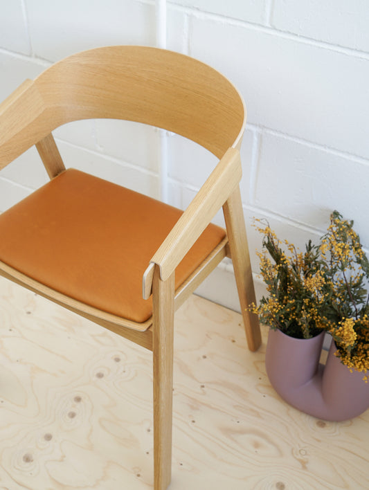 Cover Armchair Upholstered by Muuto - Natural Oak and Cognac Silk Leather