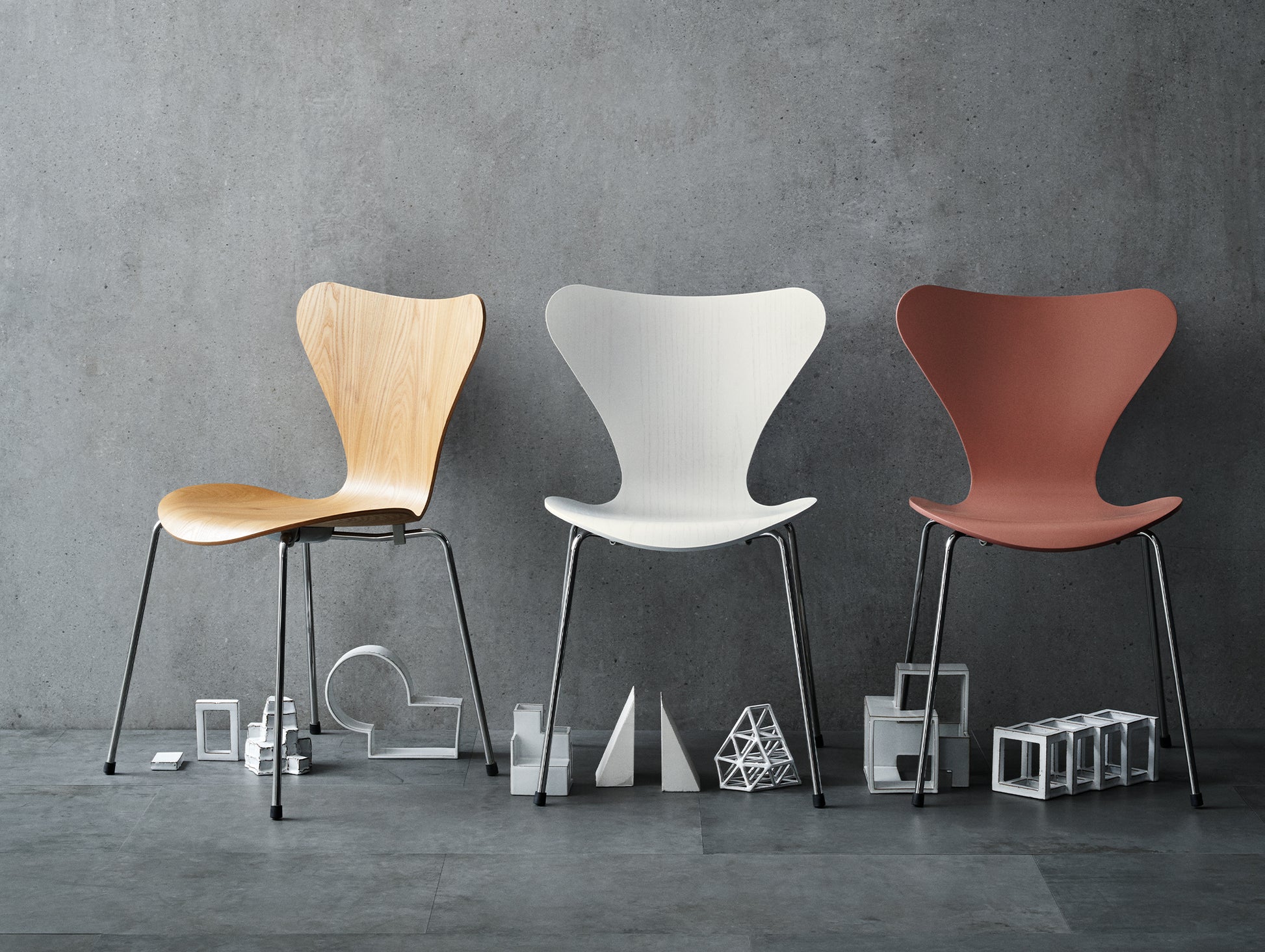 Series 7™ 3107 Dining Chair by Fritz Hansen - White Coloured Ash Veneer Shell / Chromed Steel
