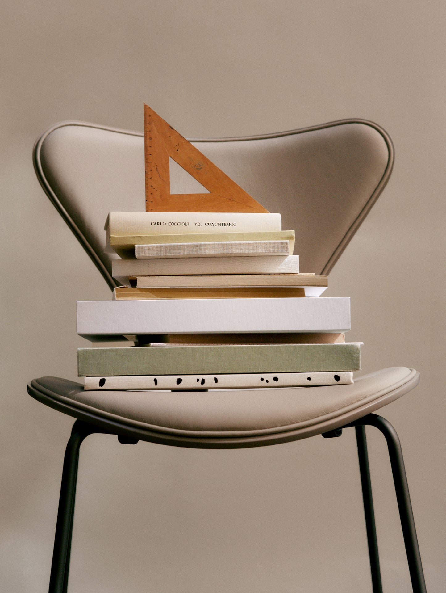 Series 7™ 3107 Dining Chair (Front Upholstered) by Fritz Hansen - Front: Essential Light Grey Leather / Back: Light Beige Lacquered Veneer