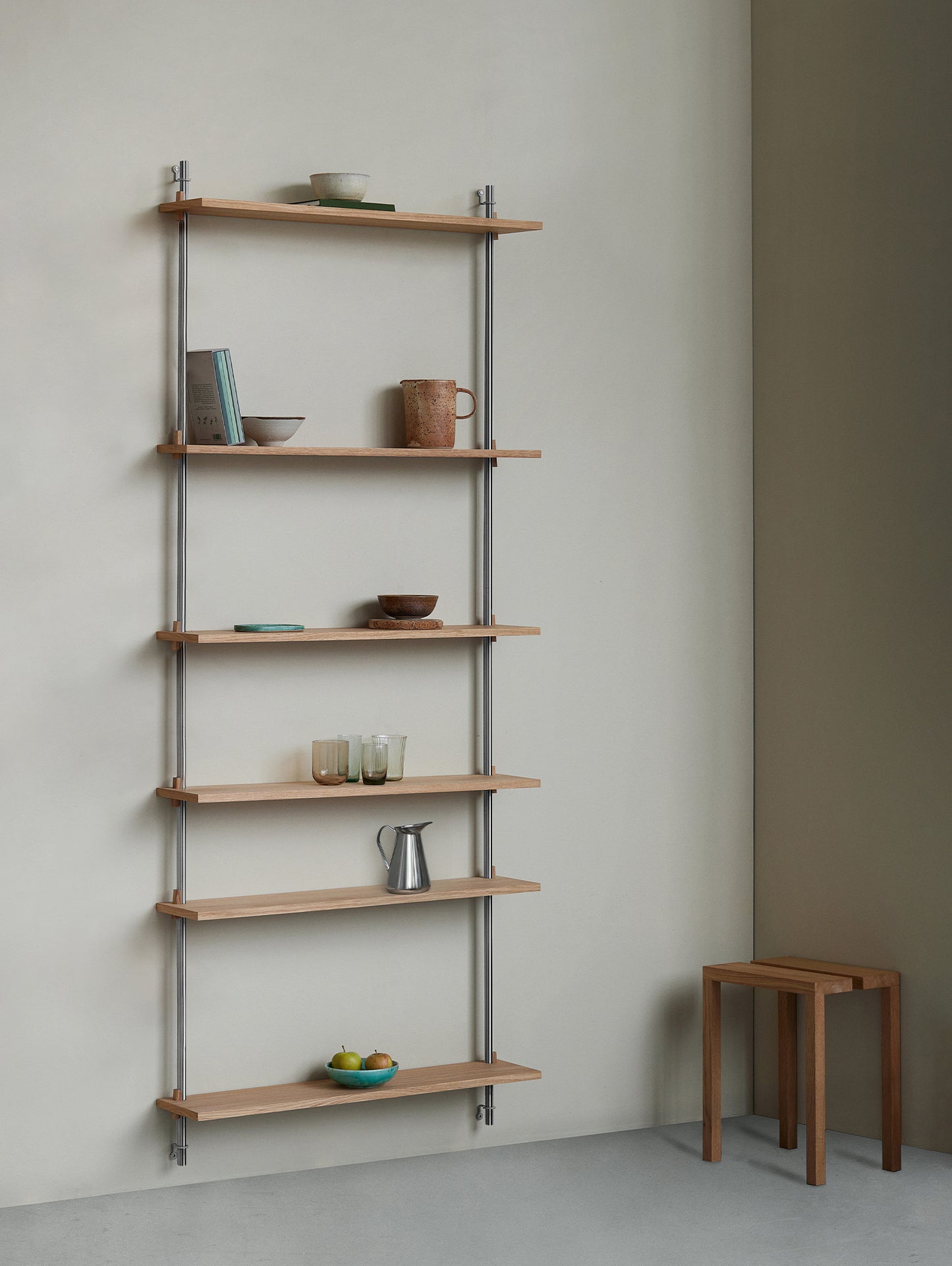 Wall Shelving System Sets (200 cm) by Moebe - WS.200.1 / Stainless Steel Uprights / Oiled Oak