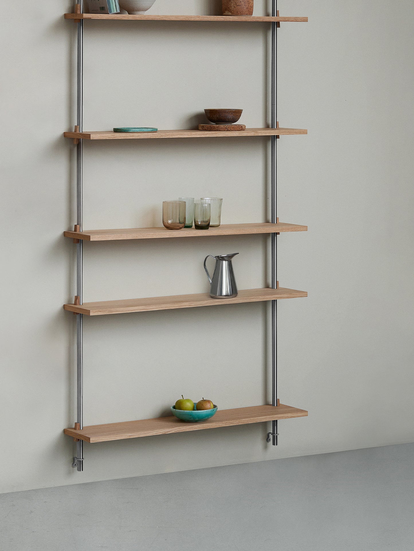 Wall Shelving System Sets (200 cm) by Moebe - WS.200.1 / Stainless Steel Uprights / Oiled Oak