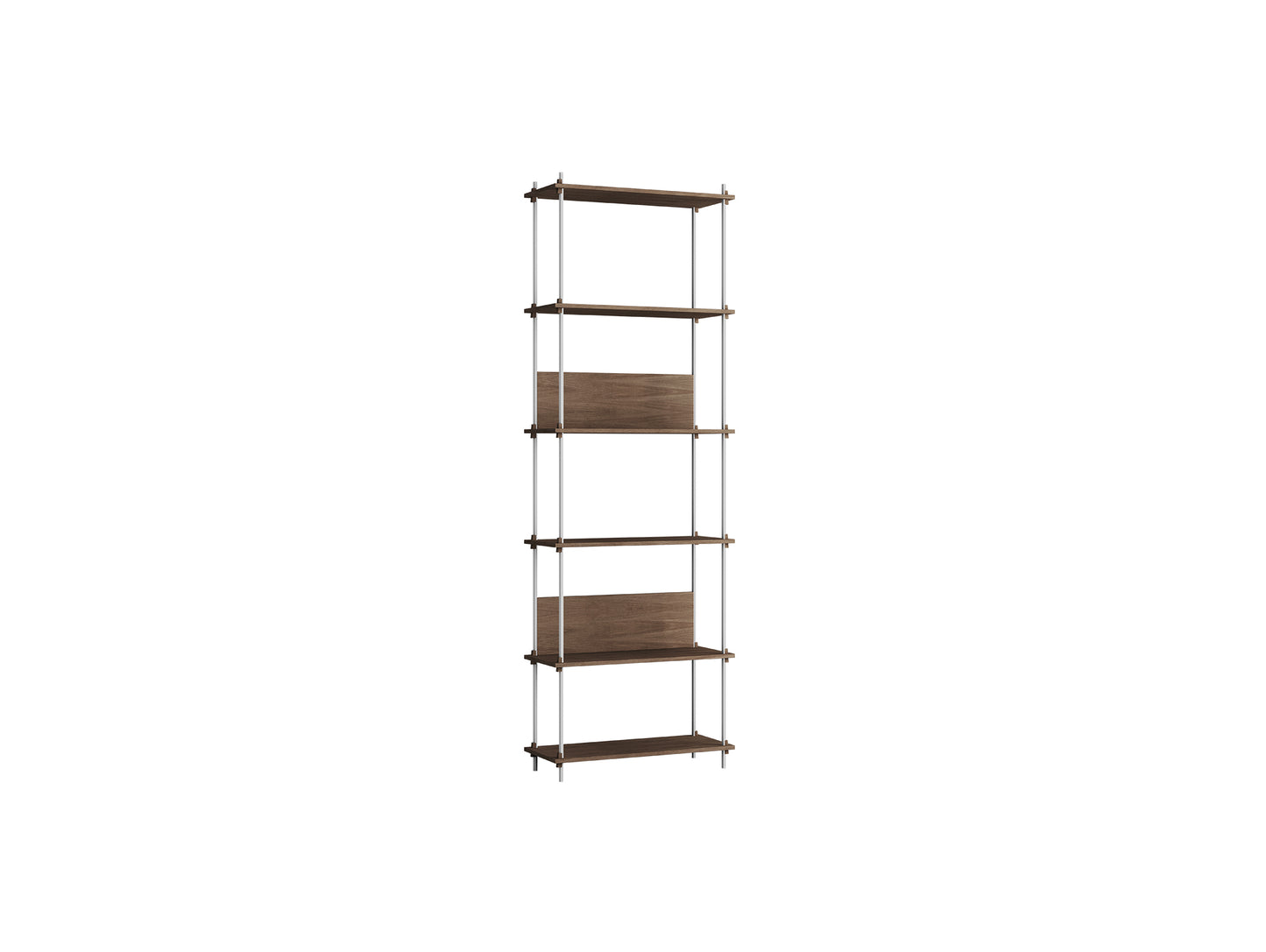 Shelving System Sets (255 cm) by Moebe / S.255.1.A / Stainless Steel Uprights / Smoked Oak
