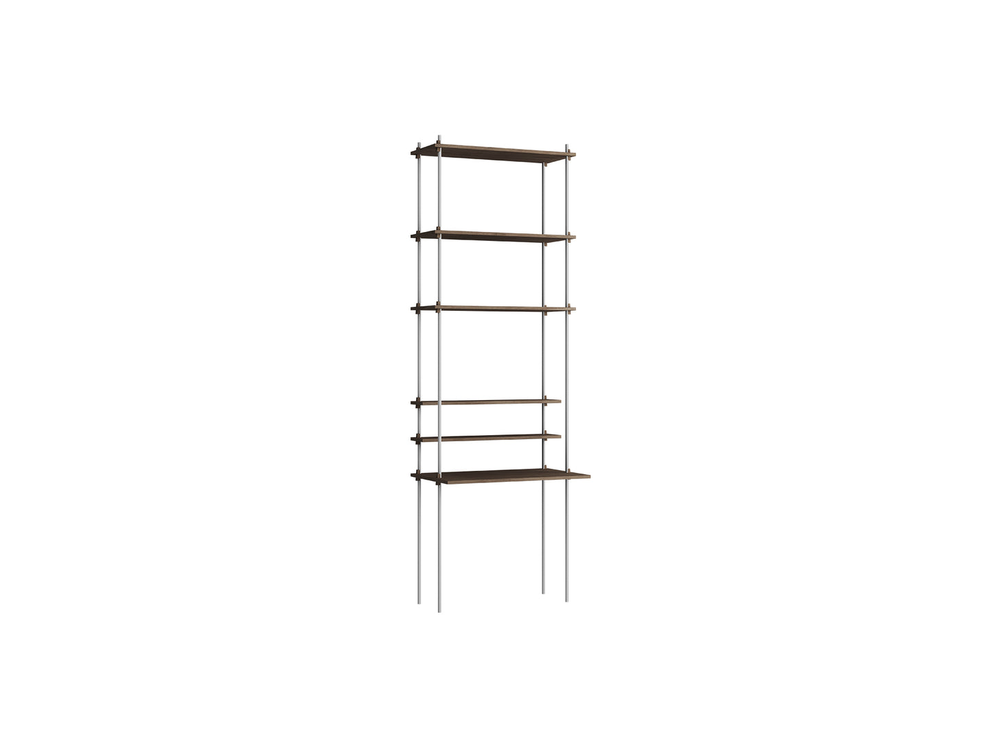 Shelving System Sets (255 cm) by Moebe / S.255.1.E / Stainless Steel Uprights / Smoked Oak