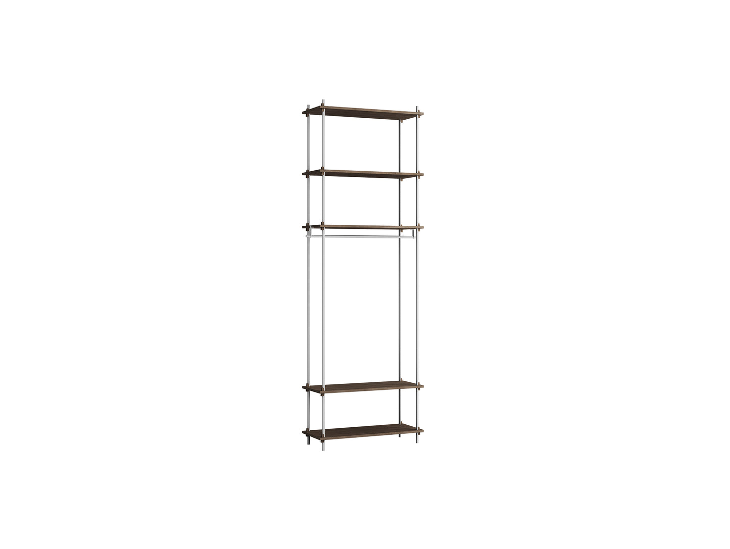 Shelving System Sets (255 cm) by Moebe / S.255.1.F / Stainless Steel Uprights / Smoked Oak