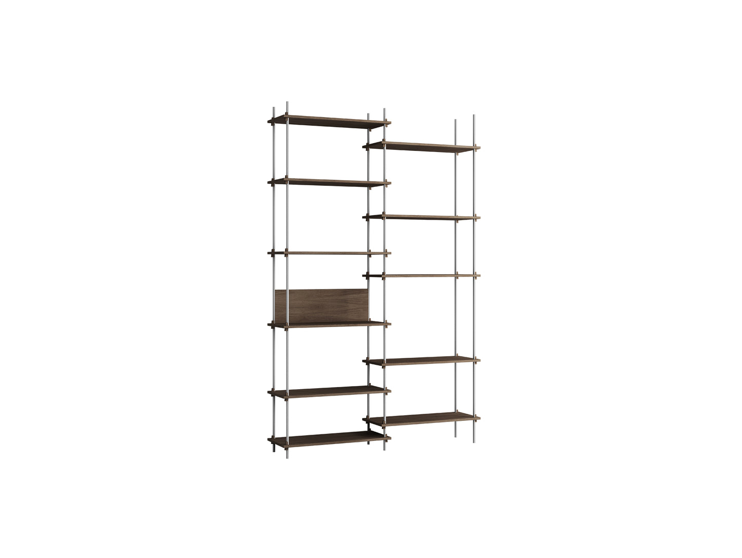 Shelving System Sets (255 cm) by Moebe / S.255.2.A / Stainless Steel Uprights / Smoked Oak
