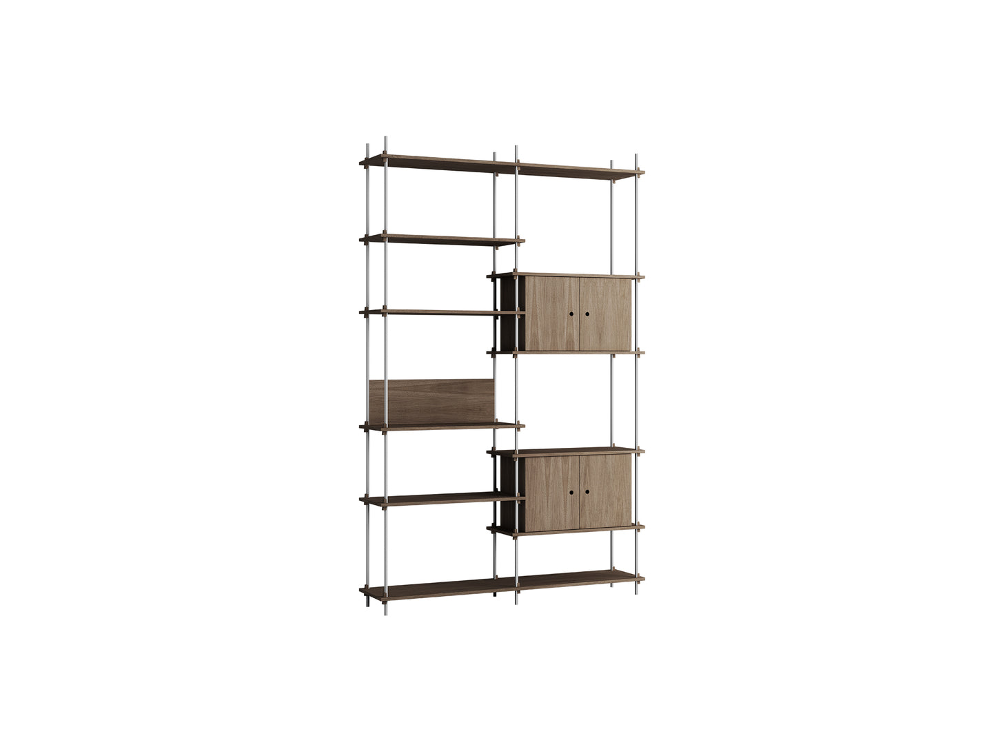 Shelving System Sets (255 cm) by Moebe / S.255.2.C / Stainless Steel Uprights / Smoked Oak