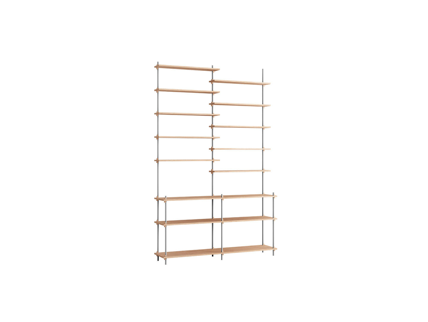 Shelving System Sets (255 cm) by Moebe / S.255.2.D / Stainless Steel Uprights / Oiled Oak