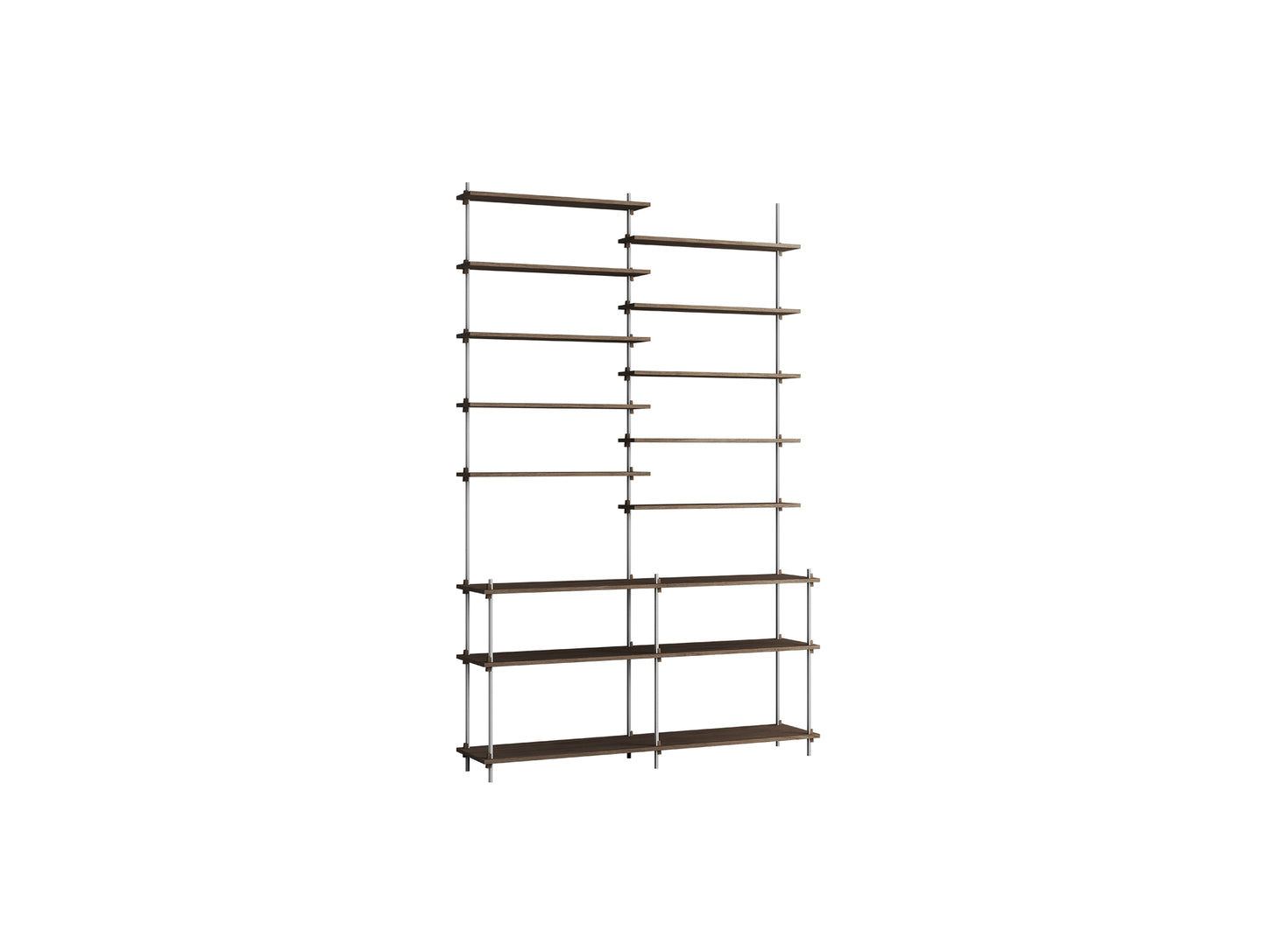Shelving System Sets (255 cm) by Moebe / S.255.2.D / Stainless Steel Uprights / Smoked Oak