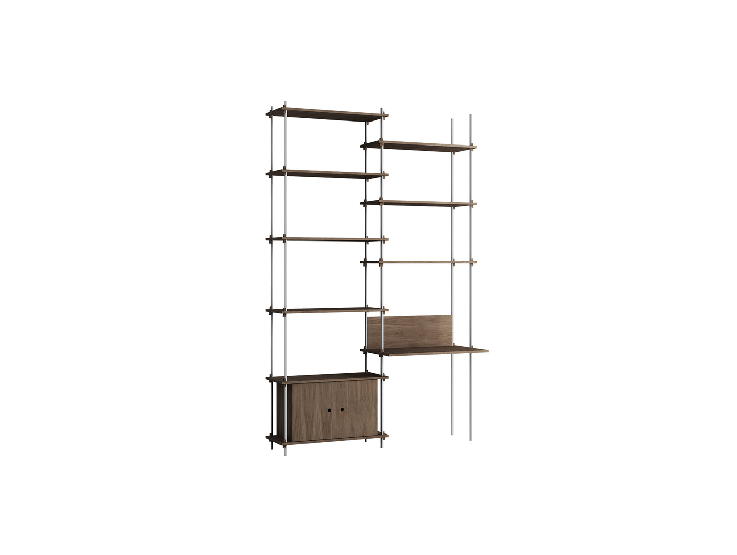 Shelving System Sets (255 cm) by Moebe / S.255.2.E / Stainless Steel Uprights / Smoked Oak