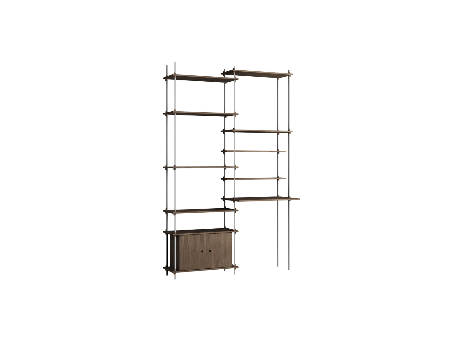 Shelving System Sets (255 cm) by Moebe / S.255.2.F / Stainless Steel Uprights / Smoked Oak