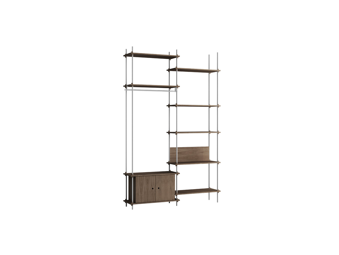 Shelving System Sets (255 cm) by Moebe / S.255.2.G / Stainless Steel Uprights / Smoked Oak