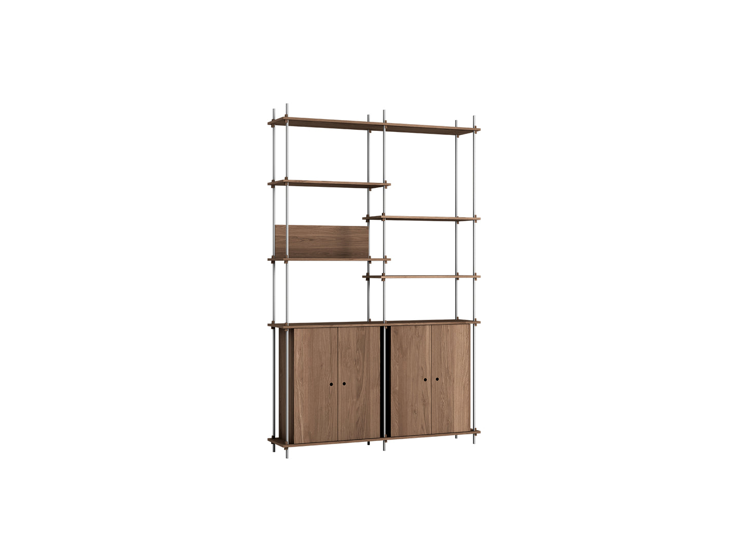 Shelving System Sets (255 cm) by Moebe / S.255.2.H / Stainless Steel Uprights / Smoked Oak