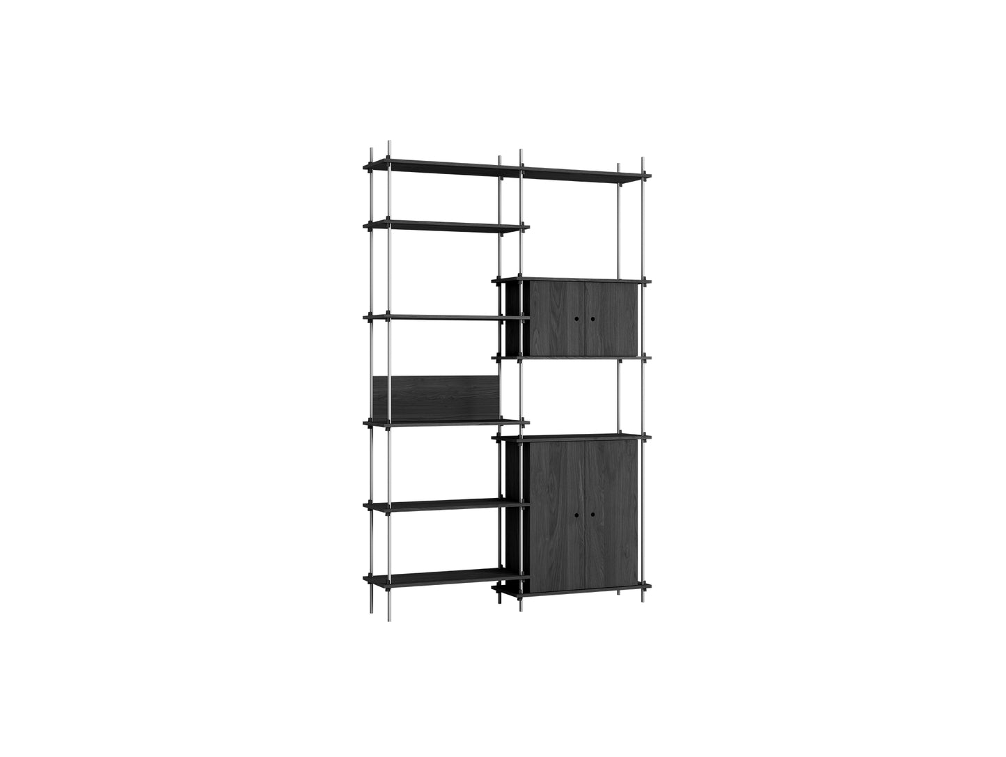 Shelving System Sets (255 cm) by Moebe / S.255.2.I / Stainless Steel Uprights / Black Painted Oak