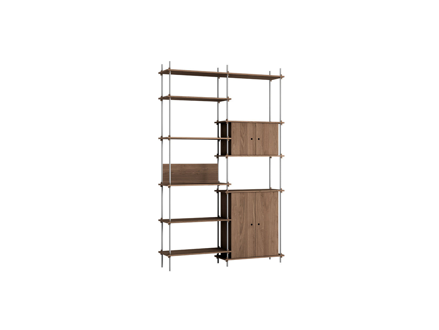 Shelving System Sets (255 cm) by Moebe / S.255.2.I / Stainless Steel Uprights / Smoked Oak