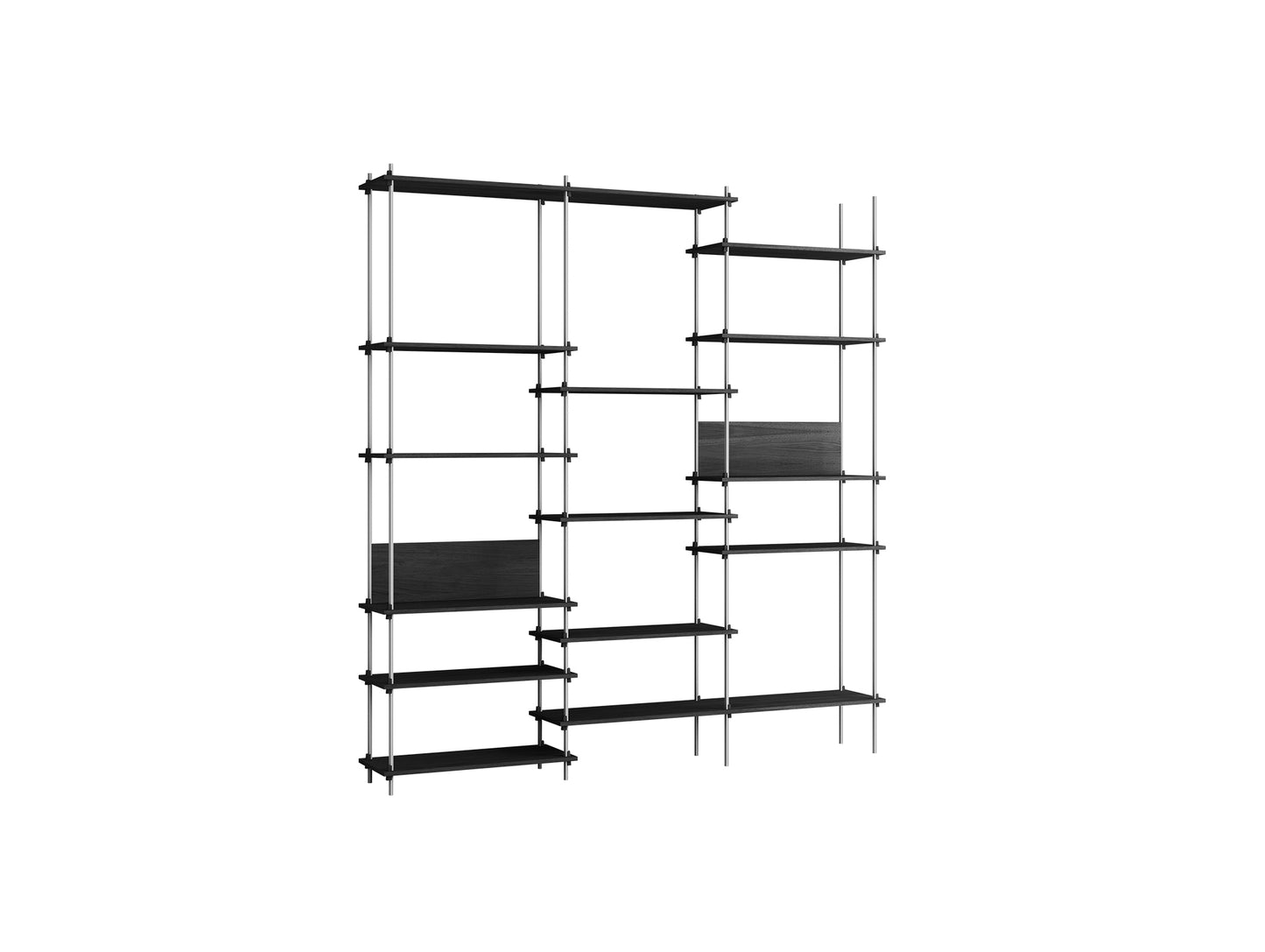 Shelving System Sets (255 cm) by Moebe / S.255.3.A / Stainless Steel Uprights / Black Painted Oak