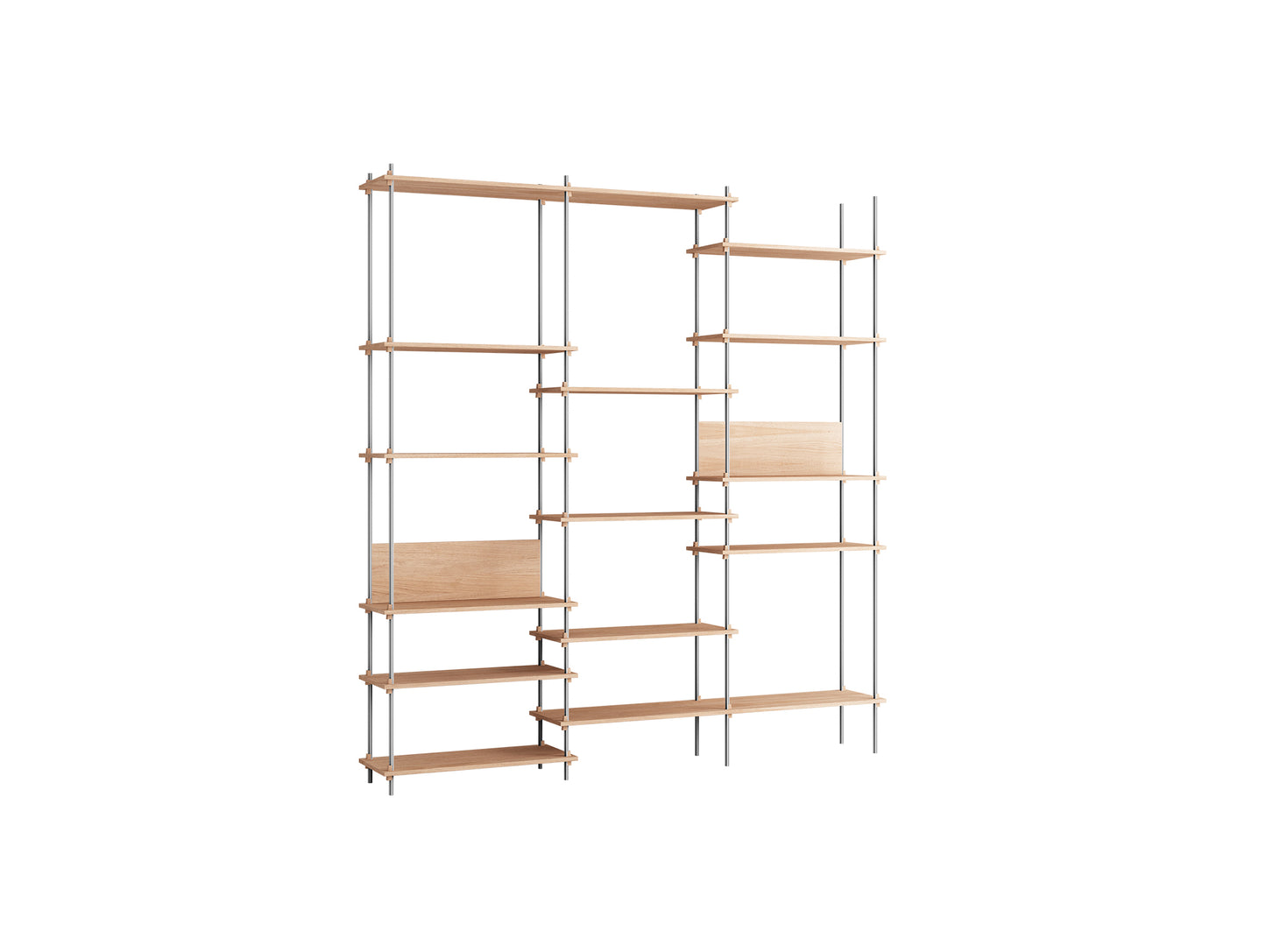 Shelving System Sets (255 cm) by Moebe / S.255.3.A / Stainless Steel Uprights / Oiled Oak