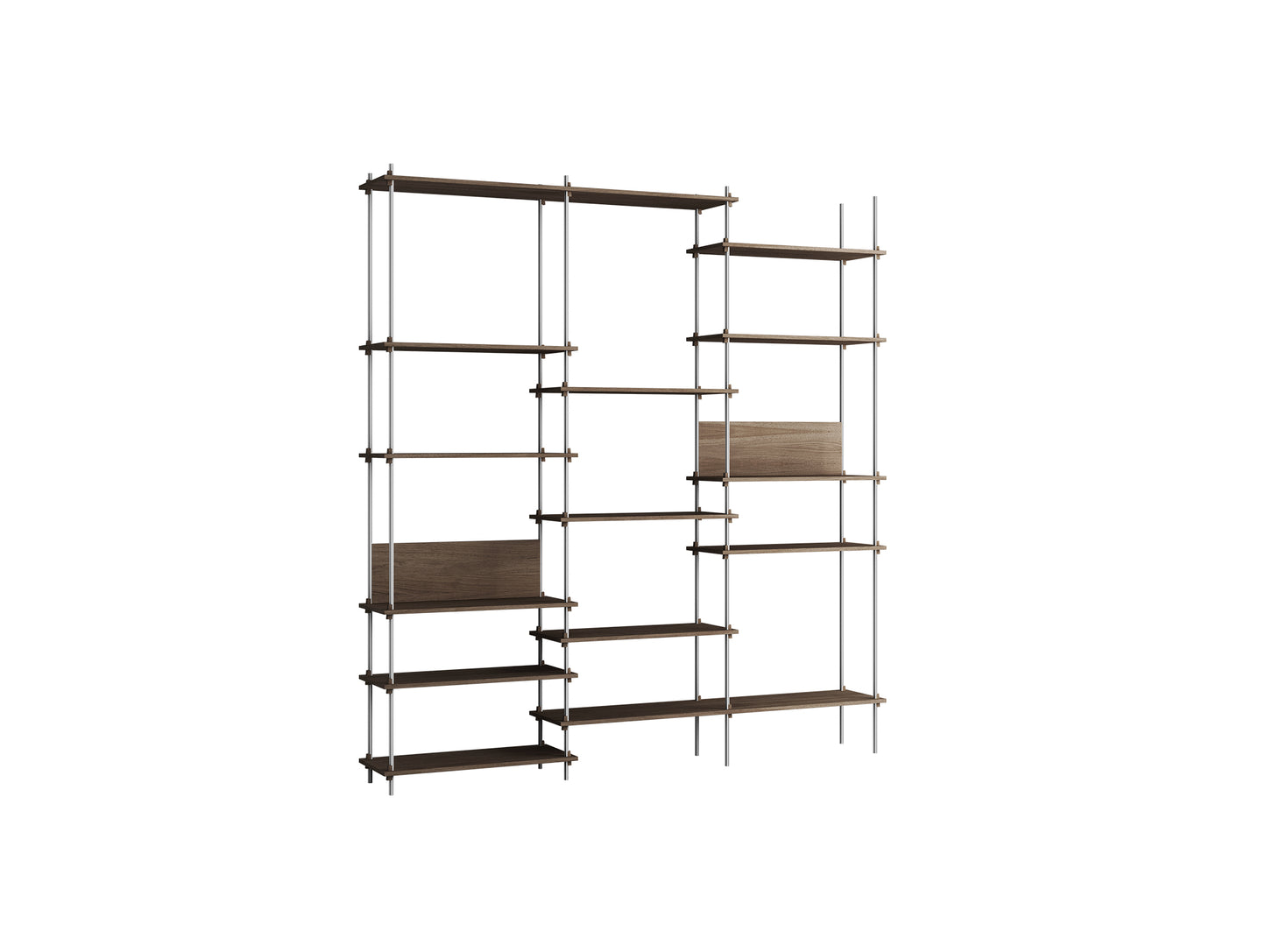 Shelving System Sets (255 cm) by Moebe / S.255.3.A / Stainless Steel Uprights / Smoked Oak