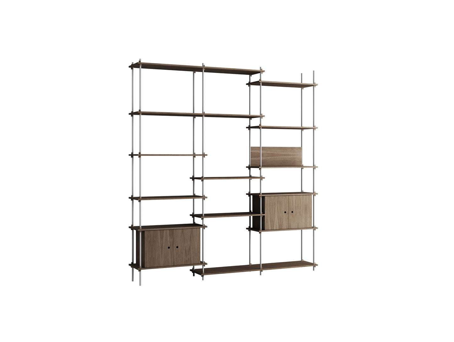 Shelving System Sets (255 cm) by Moebe / S.255.3.B / Stainless Steel Uprights / Smoked Oak