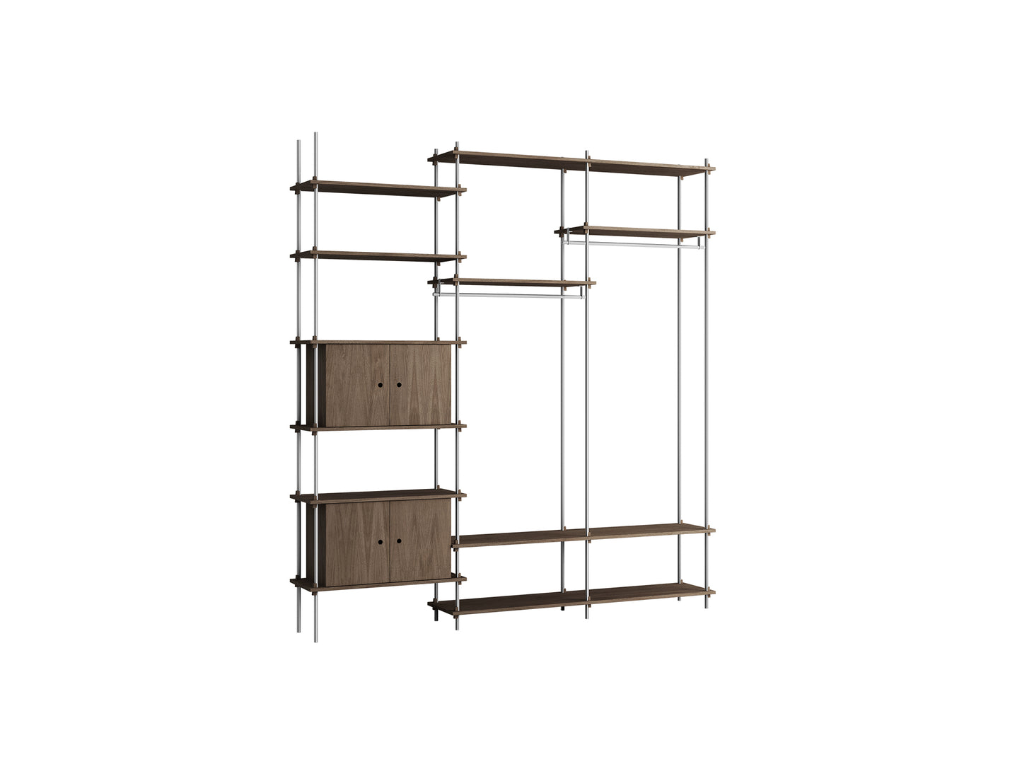 Shelving System Sets (255 cm) by Moebe / S.255.3.C / Stainless Steel Uprights / Smoked Oak