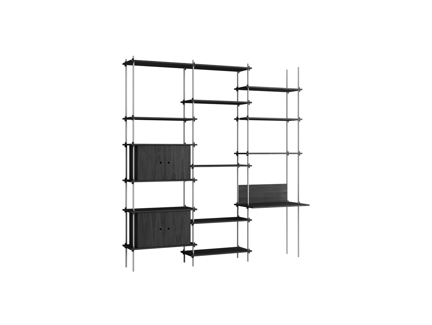 Shelving System Sets (255 cm) by Moebe / S.255.3.D / Stainless Steel Uprights / Black Painted Oak