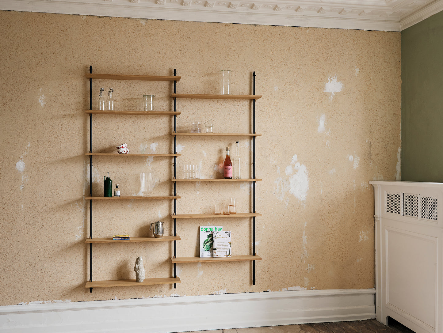Wall Shelving System Sets (200 cm) by Moebe - WS.200.2 / Black Uprights / Oiled Oak