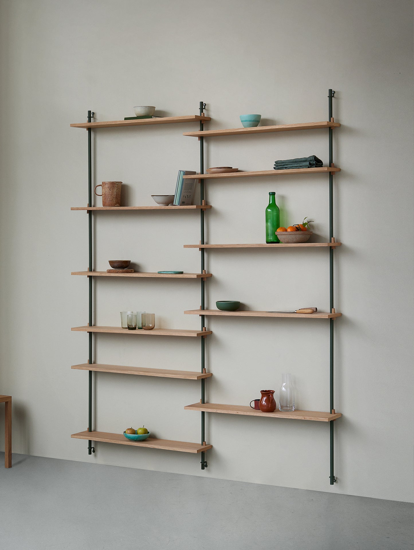 Wall Shelving System Sets (200 cm) by Moebe - WS.200.2 / Pine Green Uprights / Oiled Oak