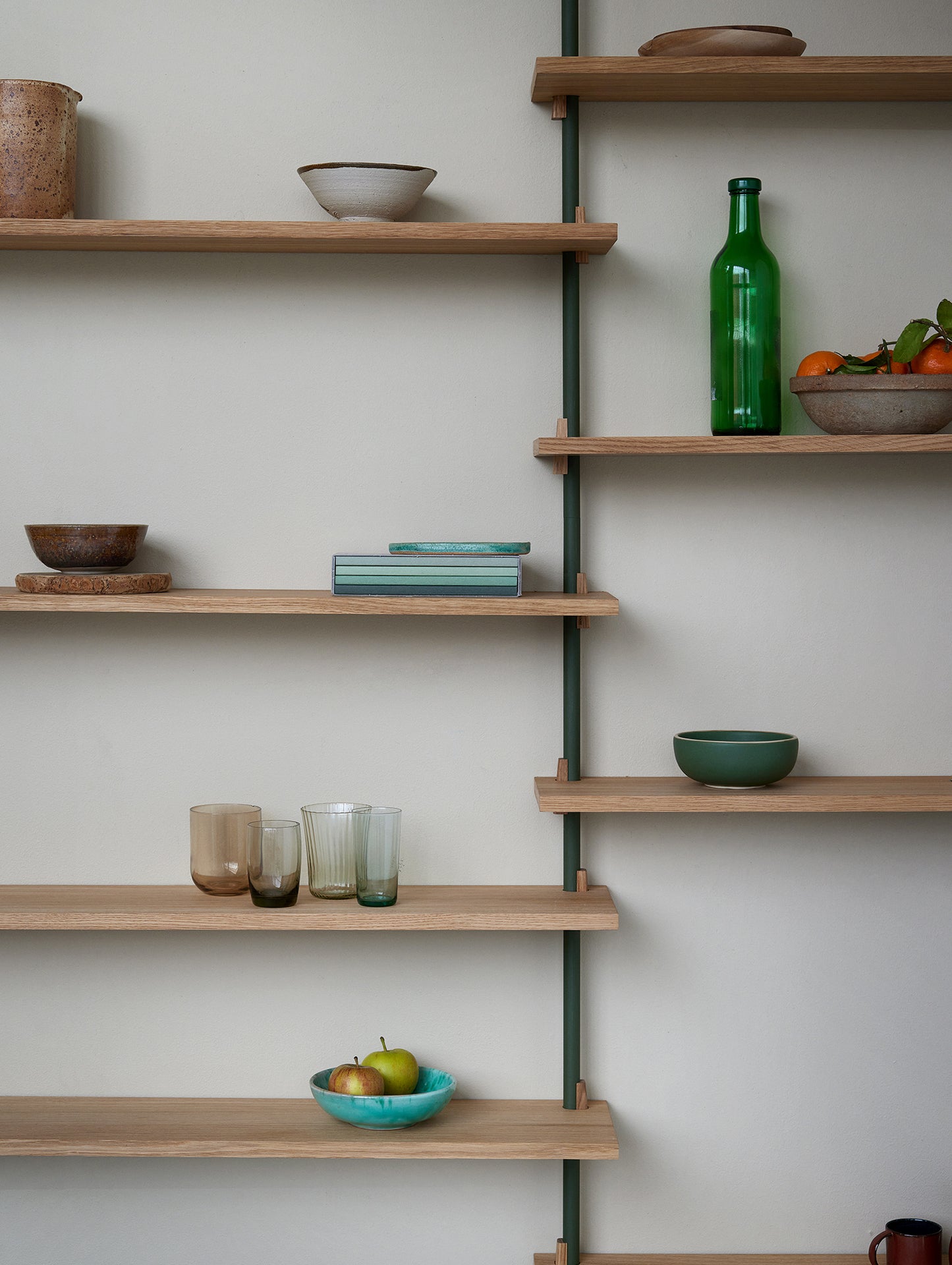 Wall Shelving System Sets (200 cm) by Moebe - WS.200.2 / Pine Green Uprights / Oiled Oak