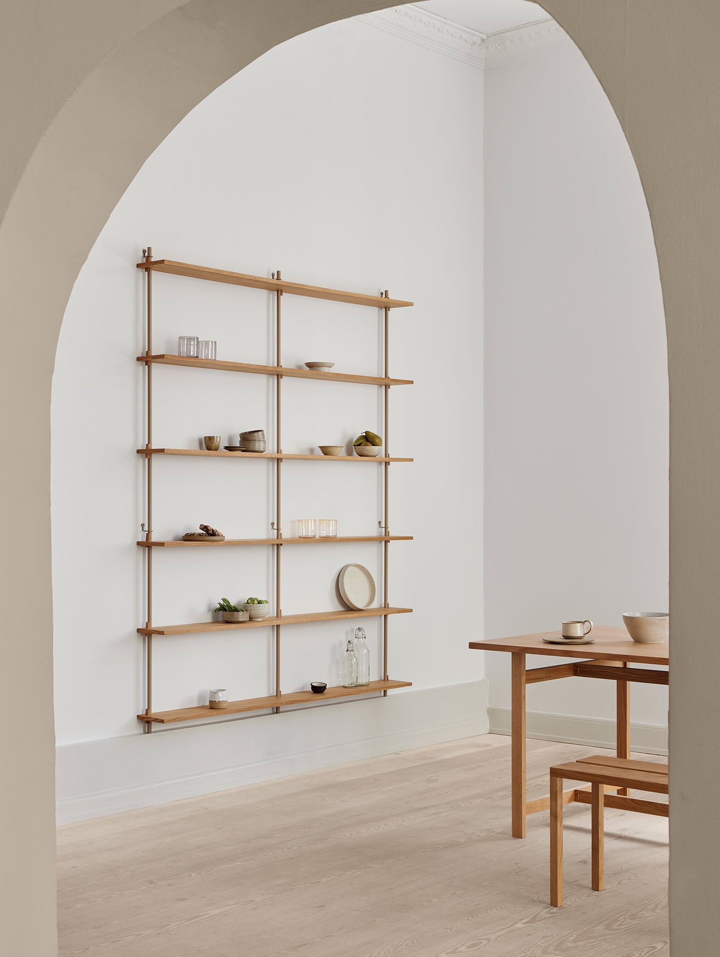 Wall Shelving System Sets (200 cm) by Moebe - WS.200.2.B / Warm Grey Uprights / Oiled Oak