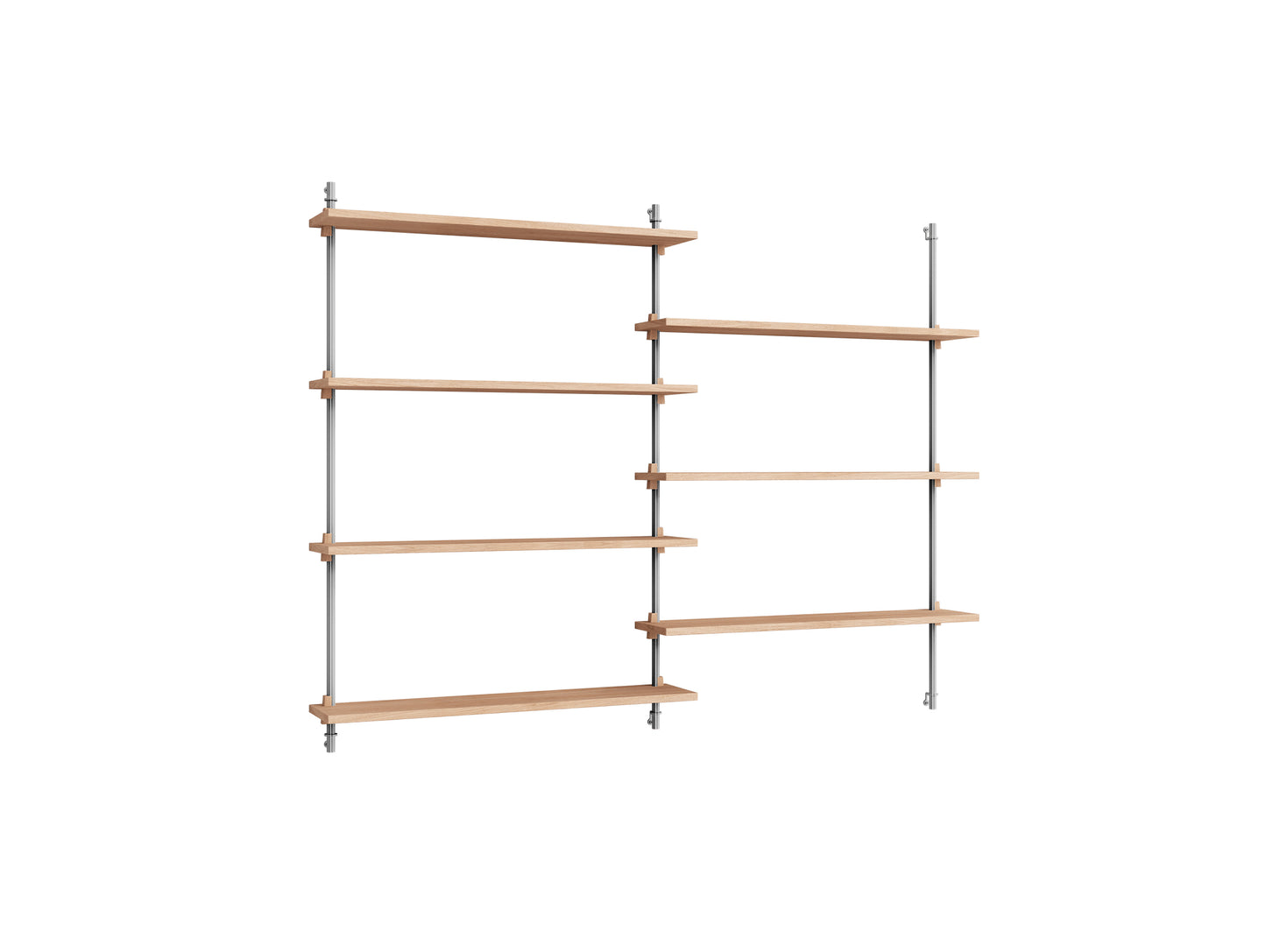 Wall Shelving System Sets (115 cm) by Moebe - WS.115.2 / Stainless Steel Uprights / Oiled Oak