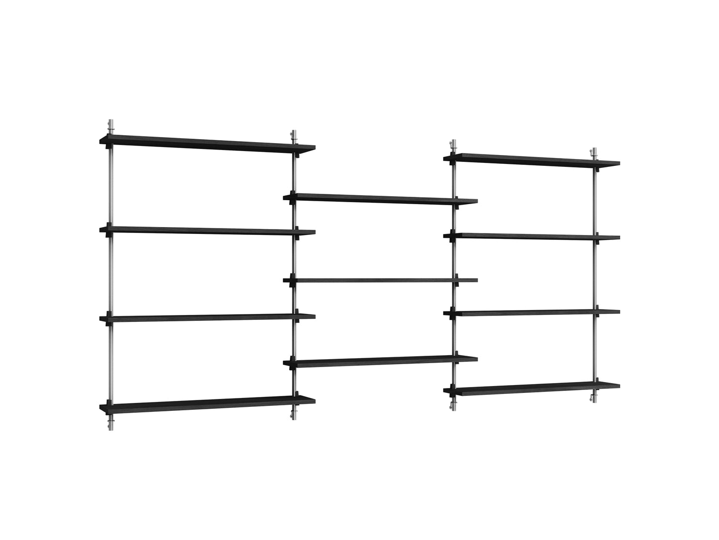 Wall Shelving System Sets (115 cm) by Moebe - WS.115.3 / Stainless Steel Uprights / Black Painted Oak
