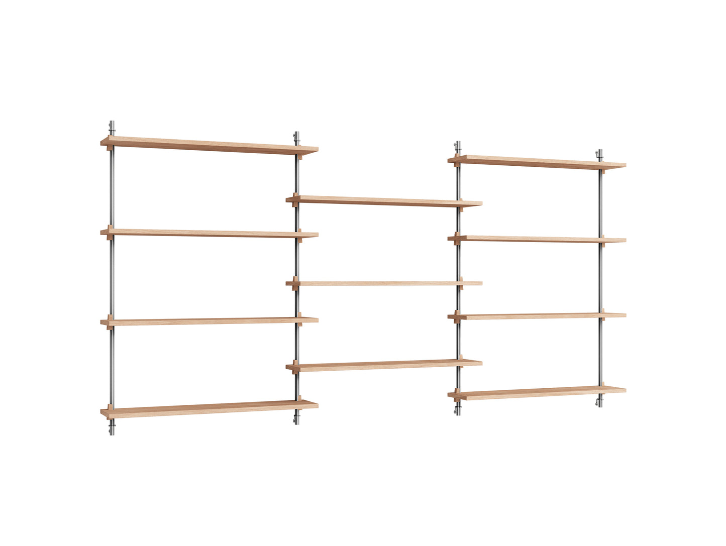 Wall Shelving System Sets (115 cm) by Moebe - WS.115.3 / Stainless Steel Uprights / Oiled Oak