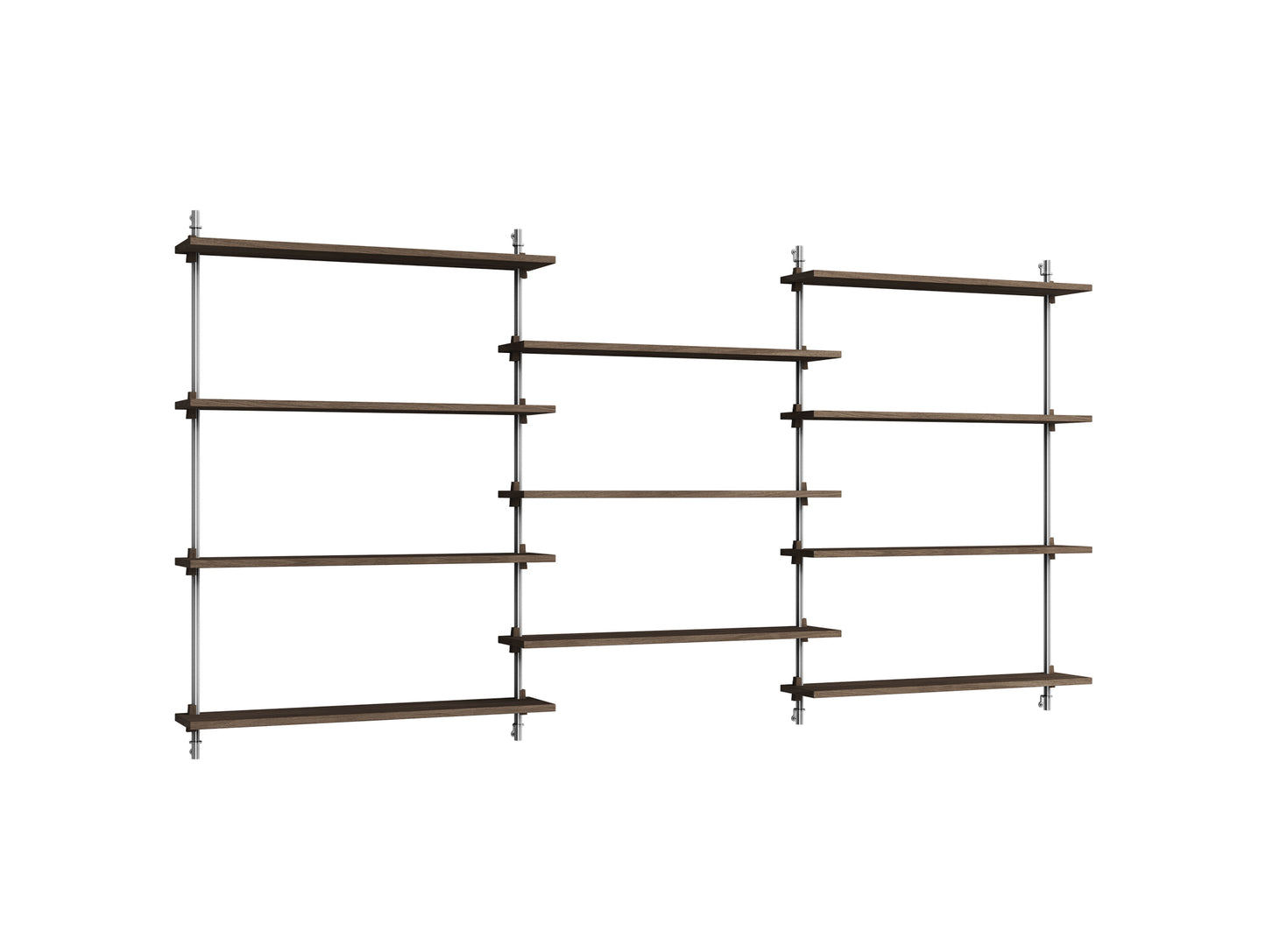 Wall Shelving System Sets (115 cm) by Moebe - WS.115.3 / Stainless Steel Uprights / Smoked Oak