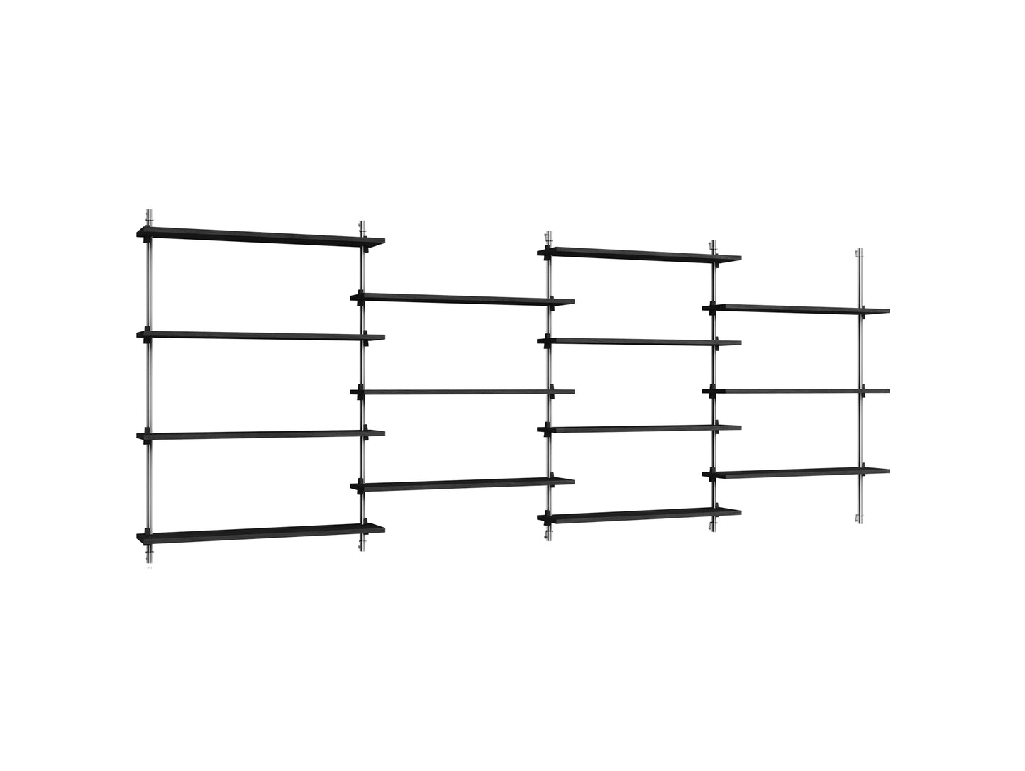 Wall Shelving System Sets (115 cm) by Moebe - WS.115.4 / Stainless Steel Uprights / Black Painted Oak