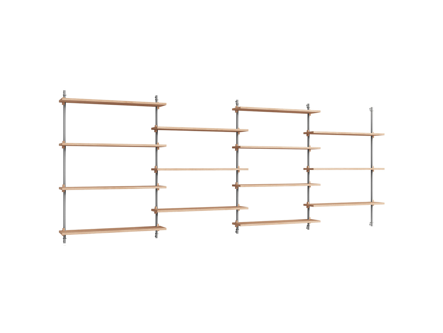 Wall Shelving System Sets (115 cm) by Moebe - WS.115.4 / Stainless Steel Uprights / Oiled Oak