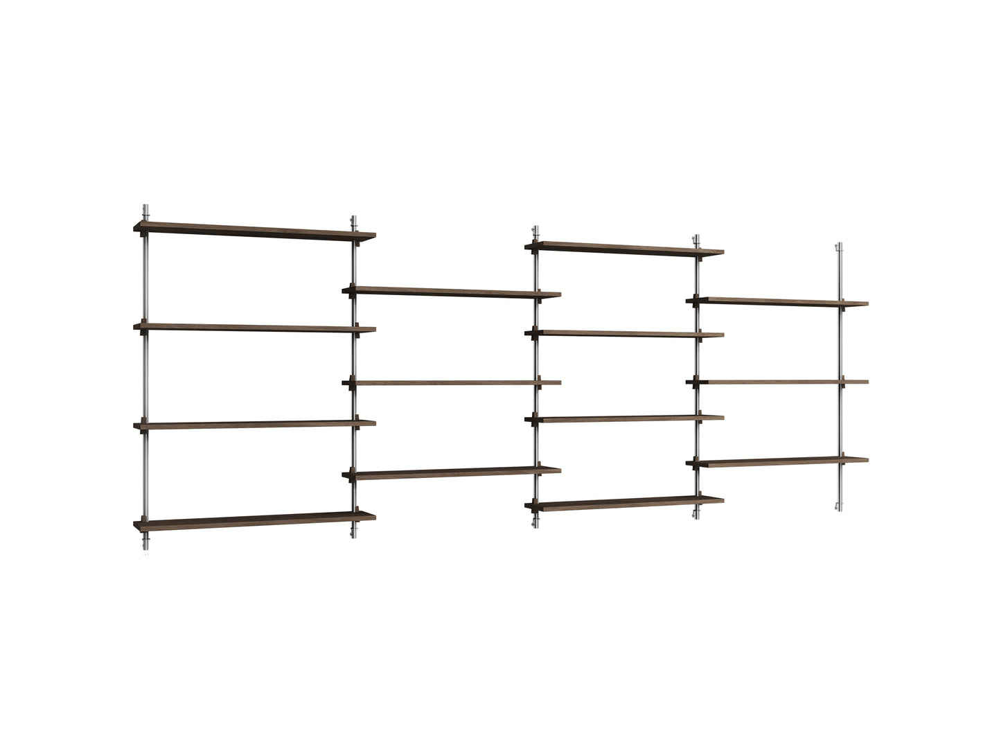 Wall Shelving System Sets (115 cm) by Moebe - WS.115.4 / Stainless Steel Uprights / Smoked Oak