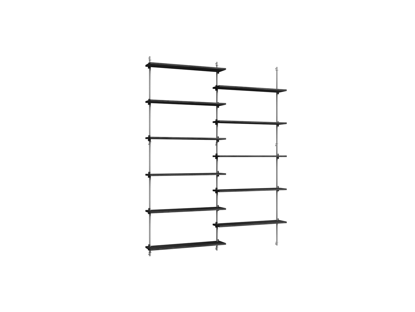 Wall Shelving System Sets (200 cm) by Moebe - WS.200.2 / Stainless Steel Uprights / Black Painted Oak