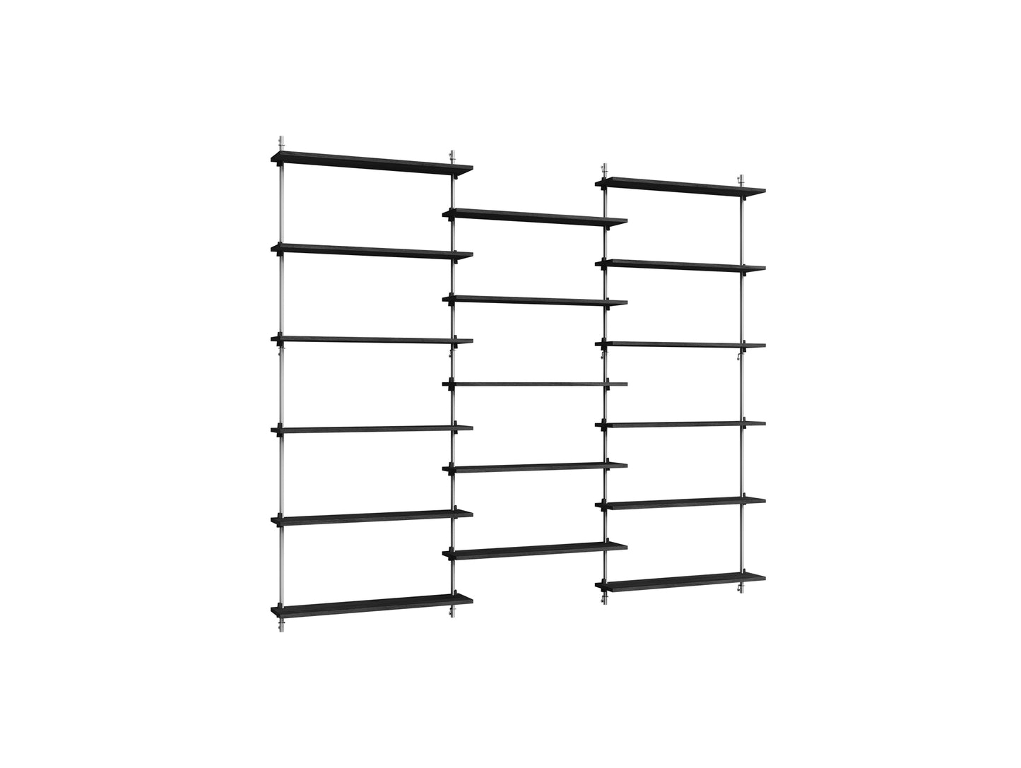 Wall Shelving System Sets (200 cm) by Moebe - WS.200.3 / Stainless Steel Uprights / Black Painted Oak