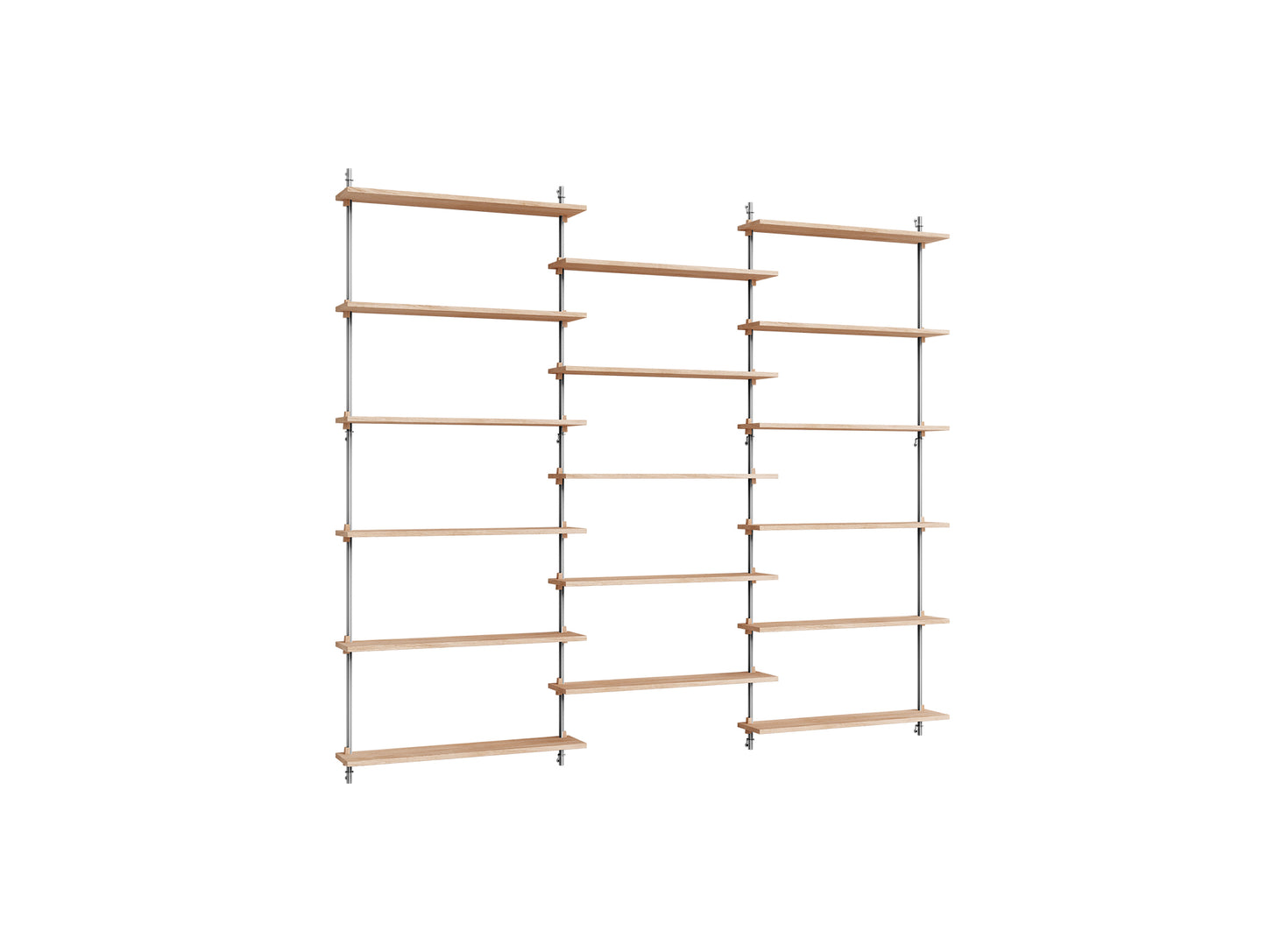 Wall Shelving System Sets (200 cm) by Moebe - WS.200.3 / Stainless Steel Uprights / Oiled Oak