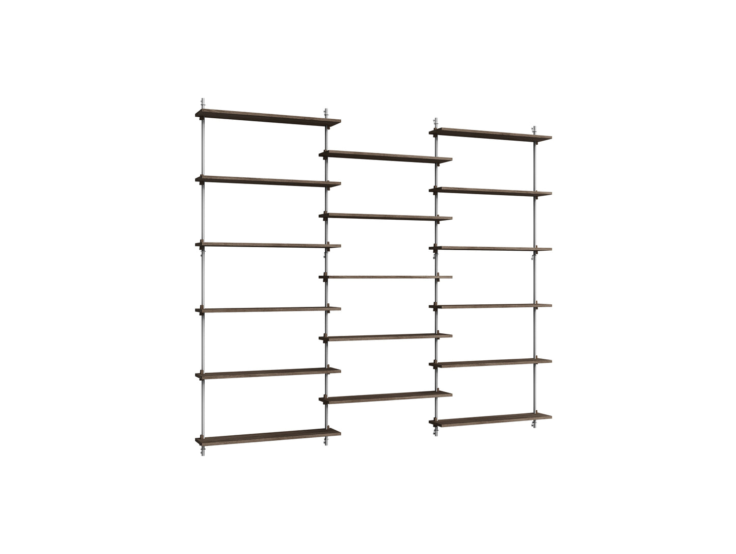 Wall Shelving System Sets (200 cm) by Moebe - WS.200.3 / Stainless Steel Uprights / Smoked Oak