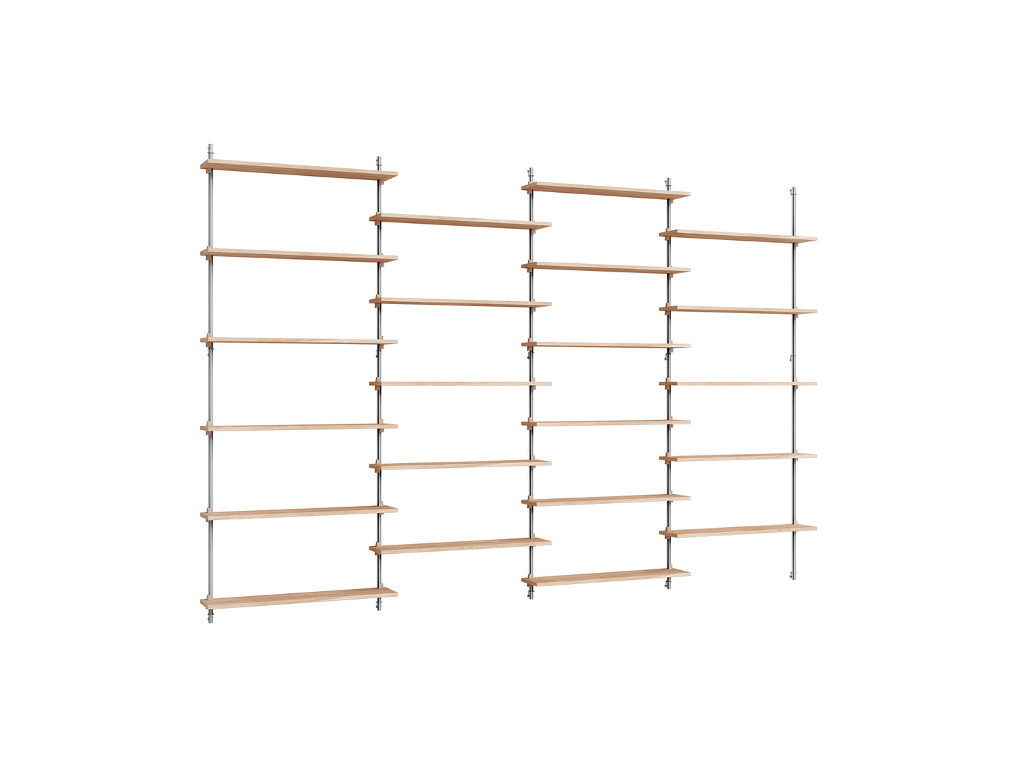 Wall Shelving System Sets (200 cm) by Moebe - WS.200.4 / Stainless Steel Uprights / Oiled Oak