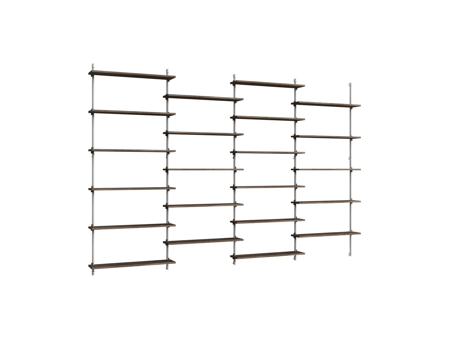 Wall Shelving System Sets (200 cm) by Moebe - WS.200.4 / Stainless Steel Uprights / Smoked Oak