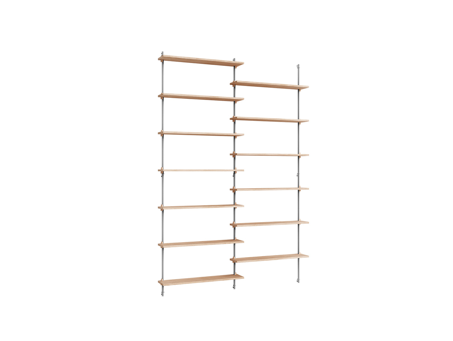 Wall Shelving System Sets (230 cm) by Moebe - WS.230.2 / Stainless Steel Uprights / Oiled Oak