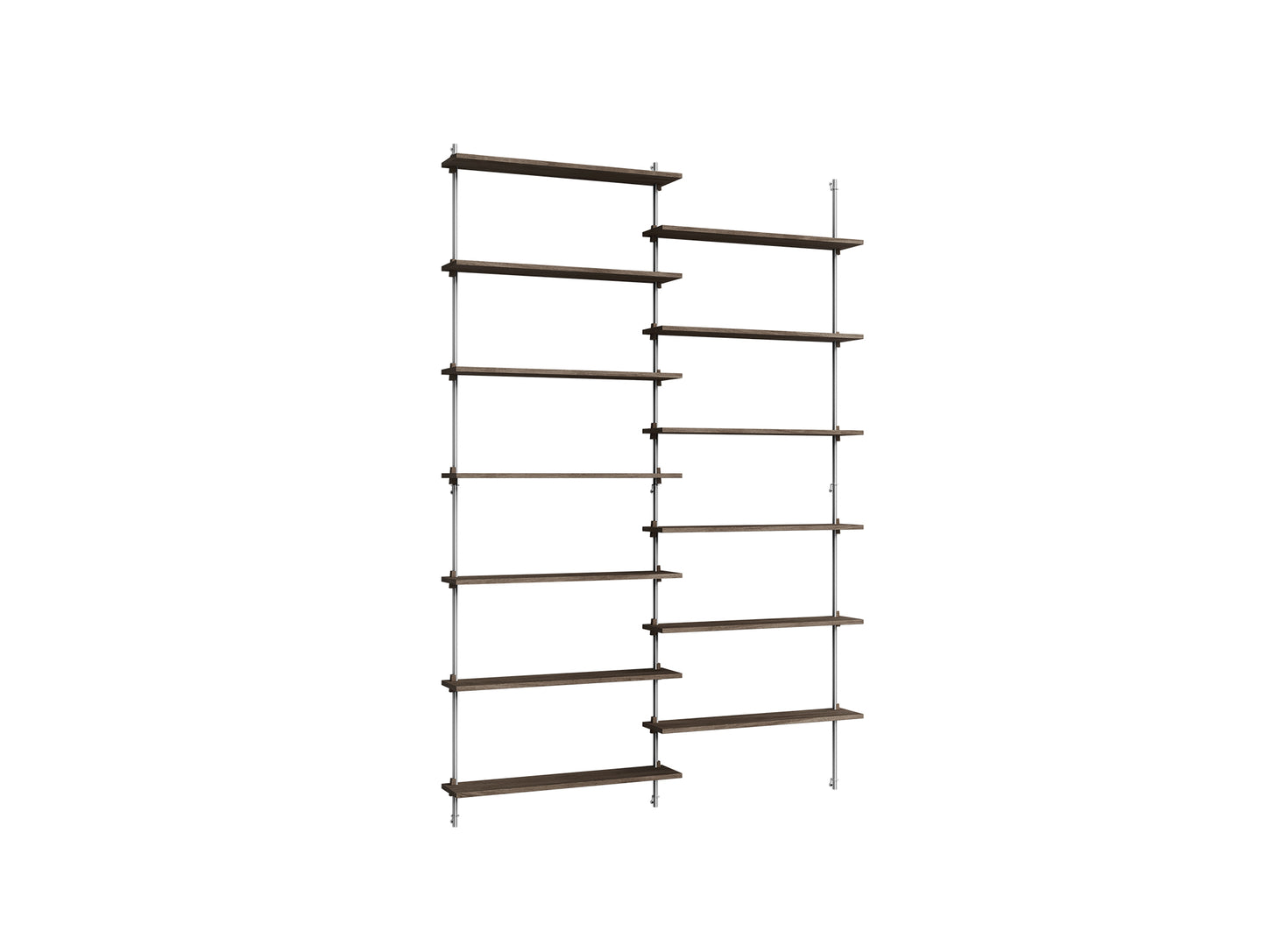 Wall Shelving System Sets (230 cm) by Moebe - WS.230.2 / Stainless Steel Uprights / Smoked Oak