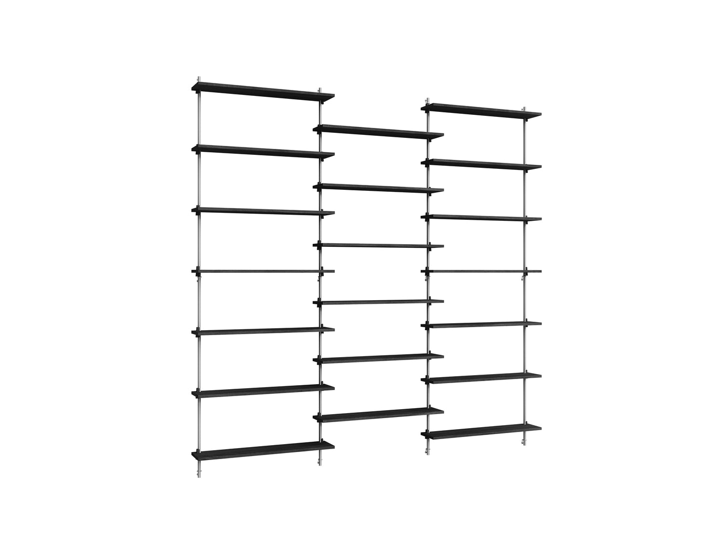 Wall Shelving System Sets (230 cm) by Moebe - WS.230.3 / Stainless Steel Uprights / Black Painted Oak