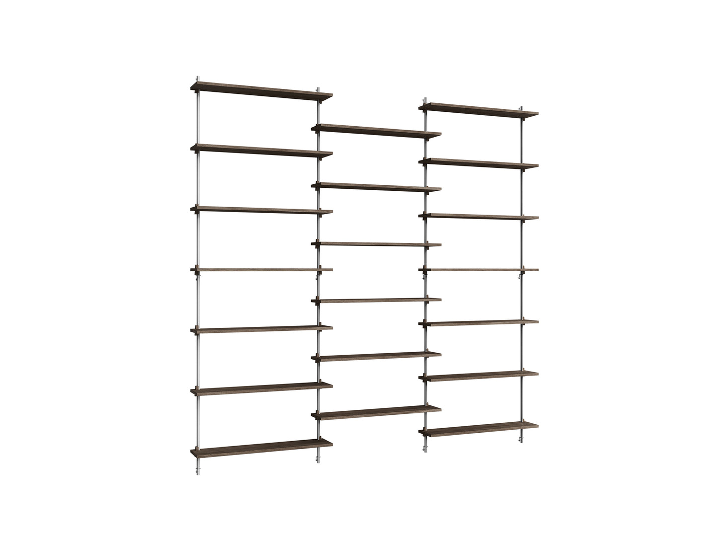 Wall Shelving System Sets (230 cm) by Moebe - WS.230.3 / Stainless Steel Uprights / Smoked Oak
