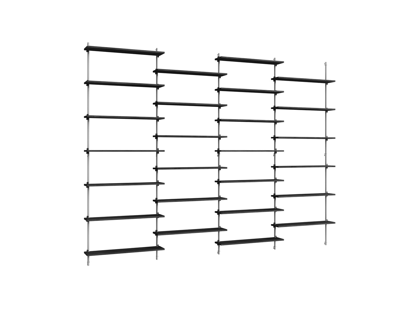 Wall Shelving System Sets (230 cm) by Moebe - WS.230.4 / Stainless Steel Uprights / Black Painted Oak