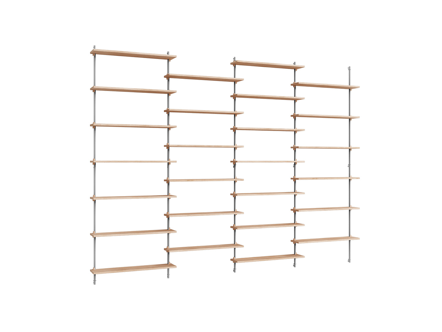 Wall Shelving System Sets (230 cm) by Moebe - WS.230.4 / Stainless Steel Uprights / Oiled Oak