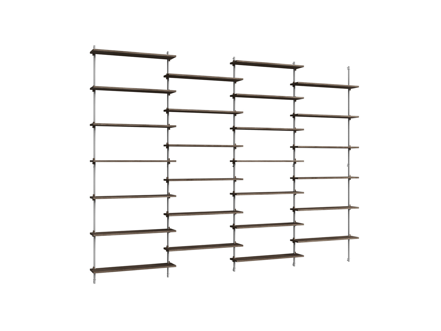 Wall Shelving System Sets (230 cm) by Moebe - WS.230.4 / Stainless Steel Uprights / Smoked Oak