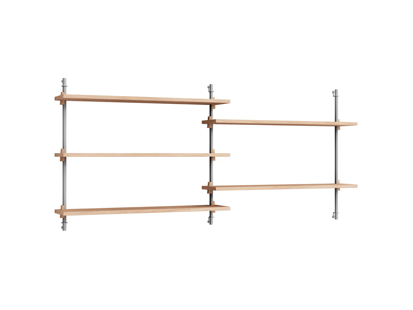 Wall Shelving System Sets WS.65.2 by Moebe - Stainless Steel Uprights / Oiled Oak
